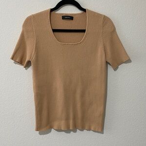 Scoop Neck Crop Tan Ribbed Short Sleeve Top Tee Sweater